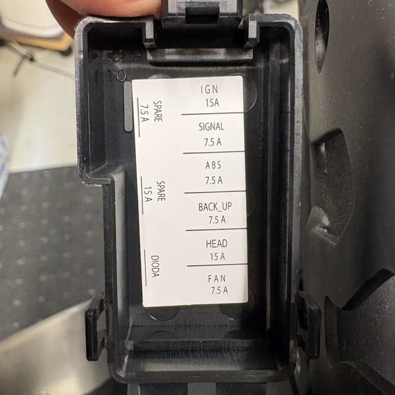 ヒューズボックスのふたの裏のラベル。IGN 15A・SIGNAL 7.5A・ABS 7.5A・BACK_UP 7.5A・HEAD 15A・FAN 7.5A と予備の位置が書かれている