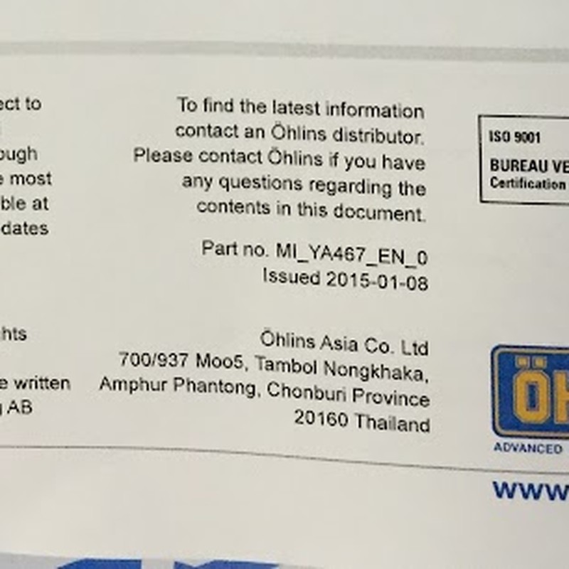 OHLINS付属の取扱説明書のフッター部分。Part no. MI_YA467_EN_0 の印字
